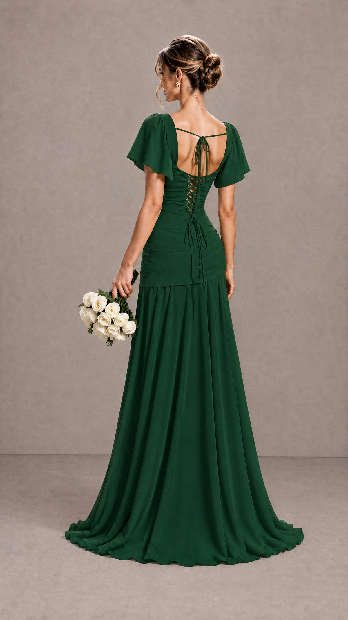 BOLODOO Emerald Flutter Sleeve Lace-Up Back Maxi Dress - Emerald