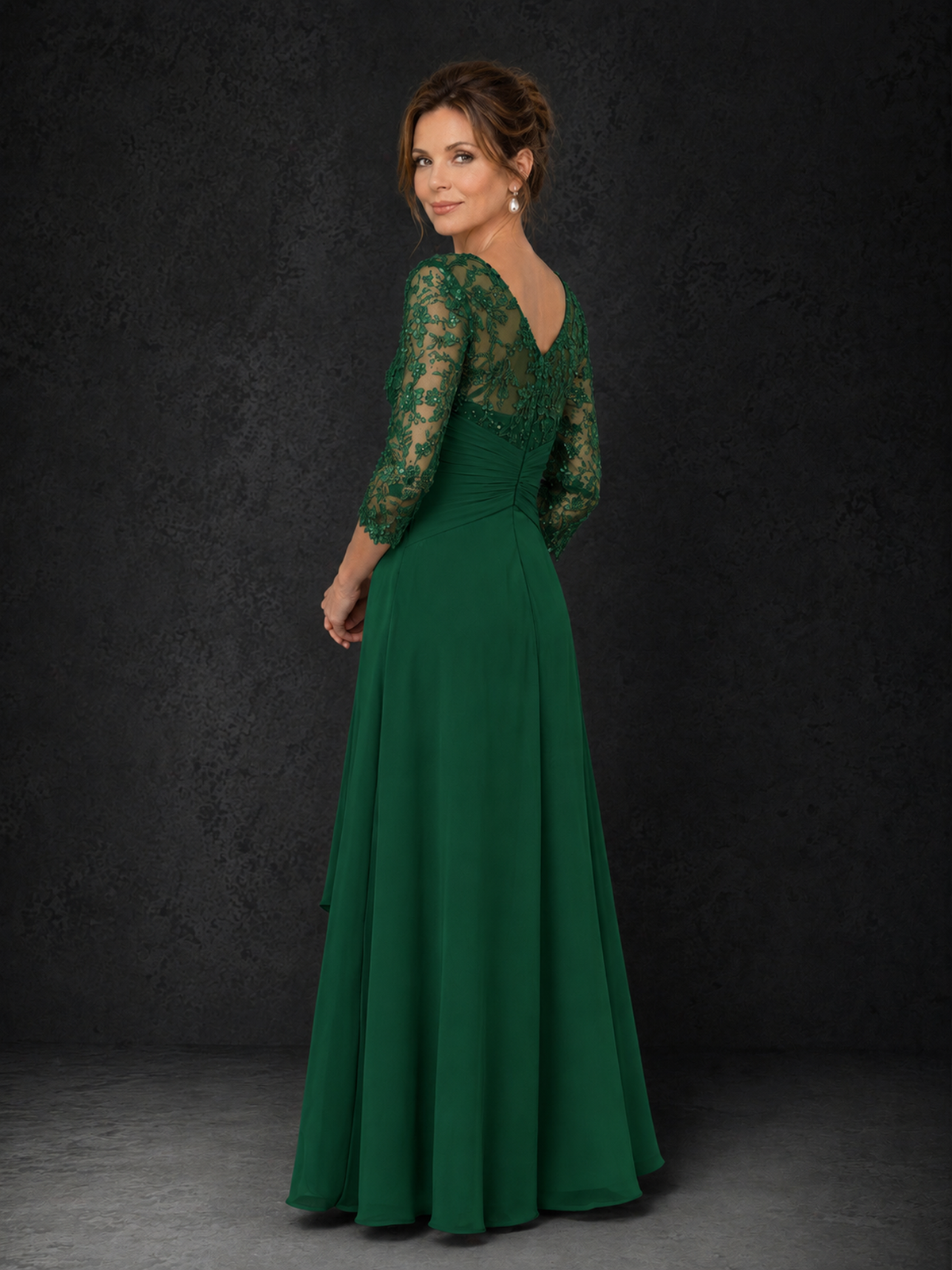 BOLODOO Emerald Green Sequin Lace & Chiffon Tea-Length Mother of the Bride Dress with 3/4 Sleeves 