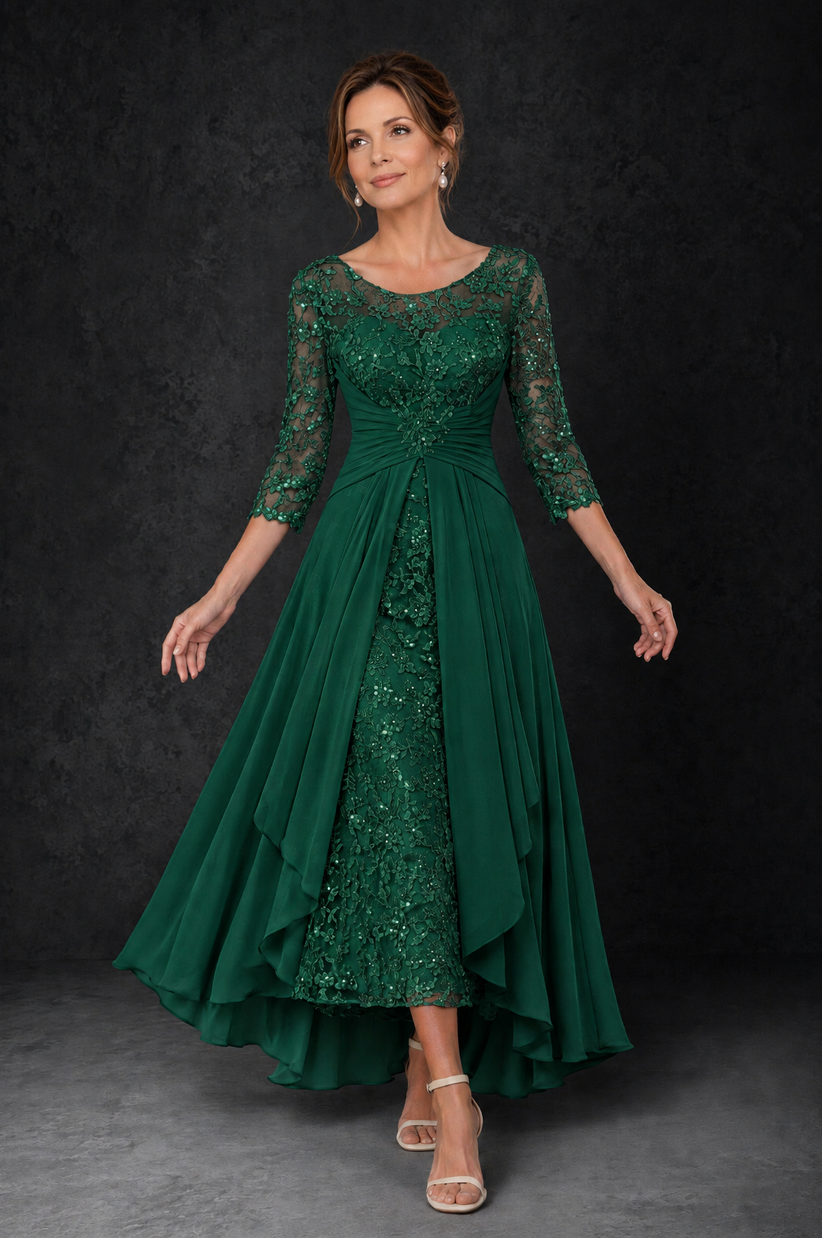 BOLODOO Emerald Green Sequin Lace & Chiffon Tea-Length Mother of the Bride Dress with 3/4 Sleeves 