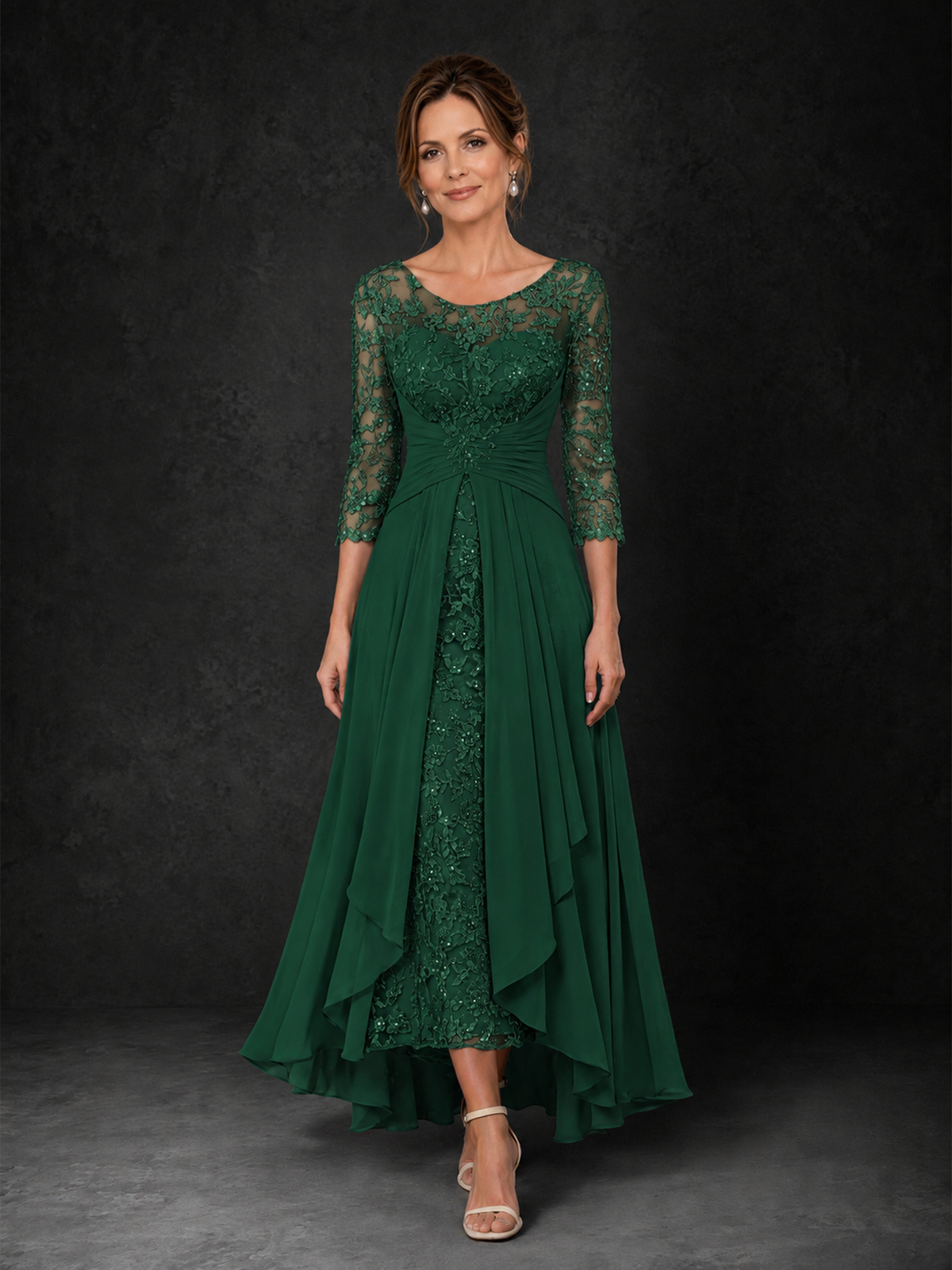 BOLODOO Emerald Green Sequin Lace & Chiffon Tea-Length Mother of the Bride Dress with 3/4 Sleeves 