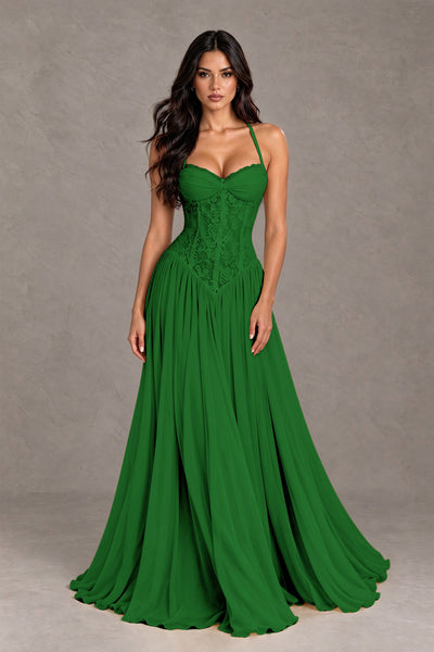 BOLODOO Emerald Green Lace Corset Halter Maxi Gown – Backless A-Line Formal Dress 