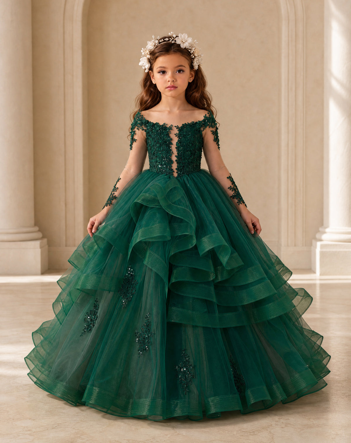 BOLODOO Emerald Green Lace Long Sleeve Tiered Flower Girl Dress 