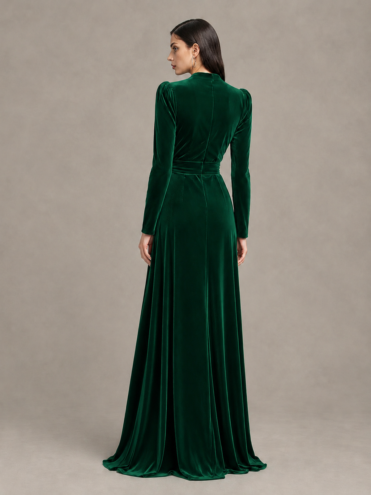 BOLODOO Dark Green Long Sleeve Velvet-Look Evening Dress with High Slit 