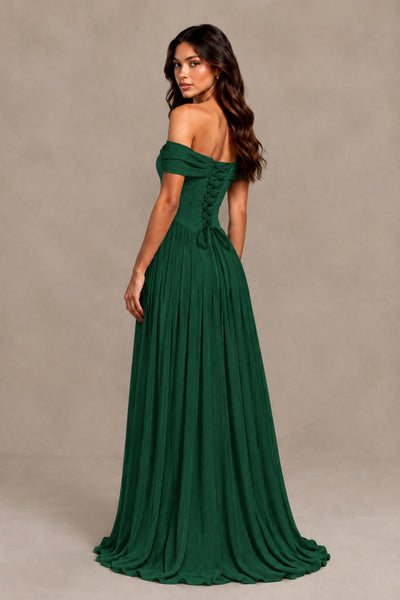 BOLODOO Emerald Green Off-Shoulder Sweetheart Corset Pleated Chiffon Maxi Dress 