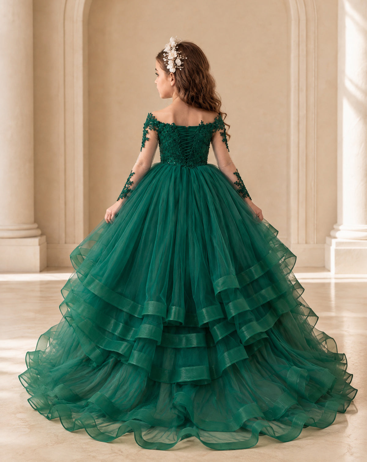 BOLODOO Emerald Green Lace Long Sleeve Tiered Flower Girl Dress 