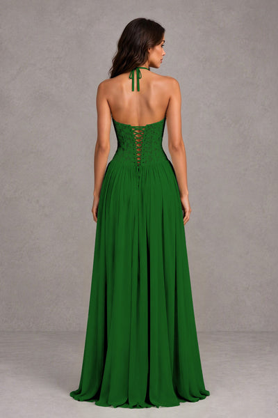 BOLODOO Emerald Green Lace Corset Halter Maxi Gown – Backless A-Line Formal Dress 