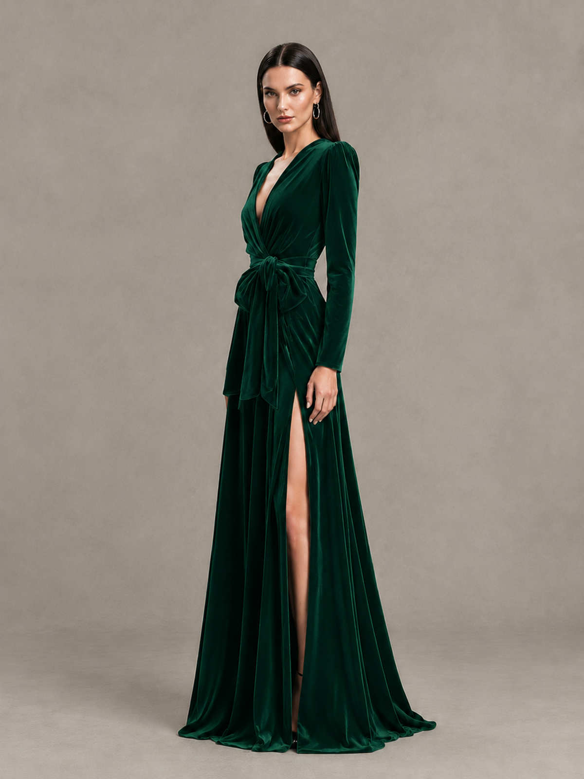 BOLODOO Dark Green Long Sleeve Velvet-Look Evening Dress with High Slit 