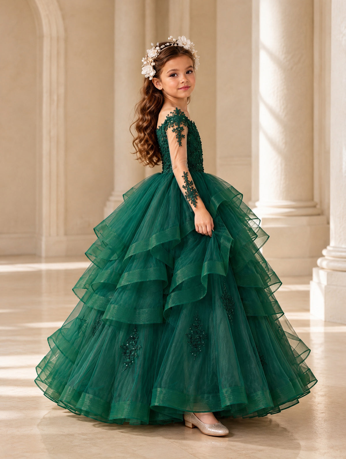 BOLODOO Emerald Green Lace Long Sleeve Tiered Flower Girl Dress 