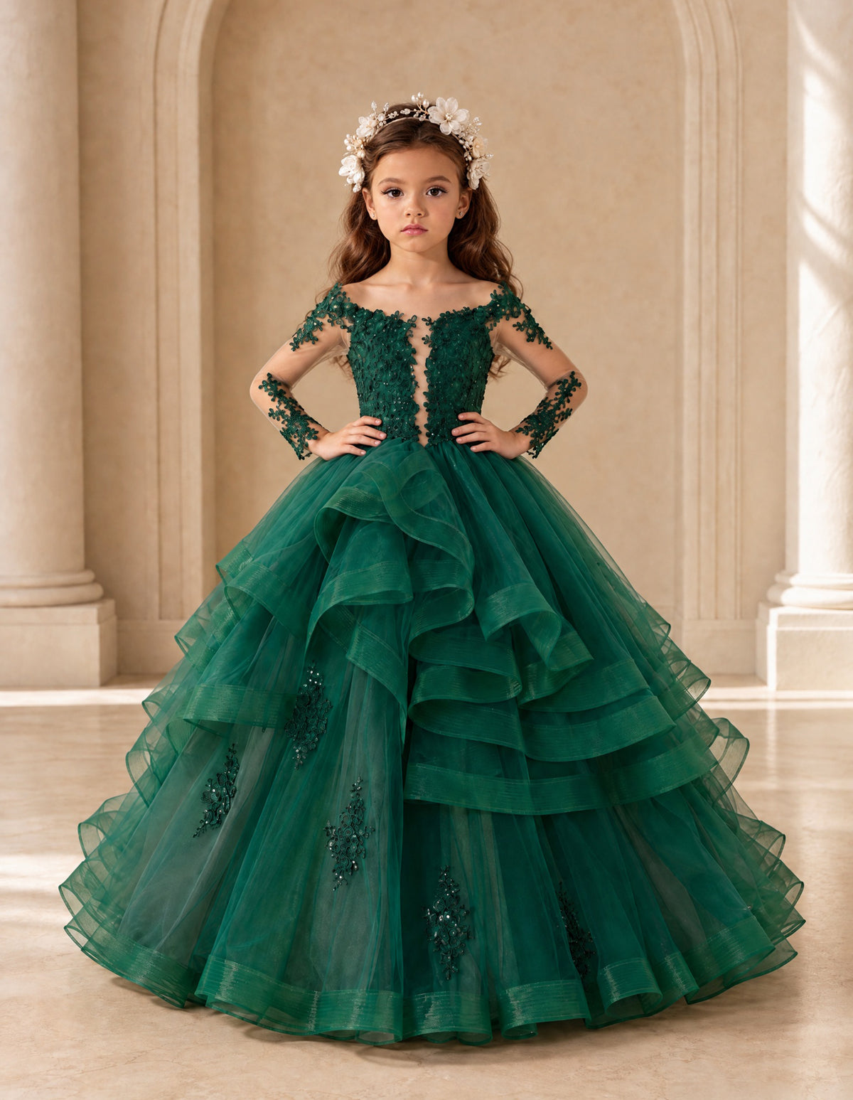 BOLODOO Emerald Green Lace Long Sleeve Tiered Flower Girl Dress 