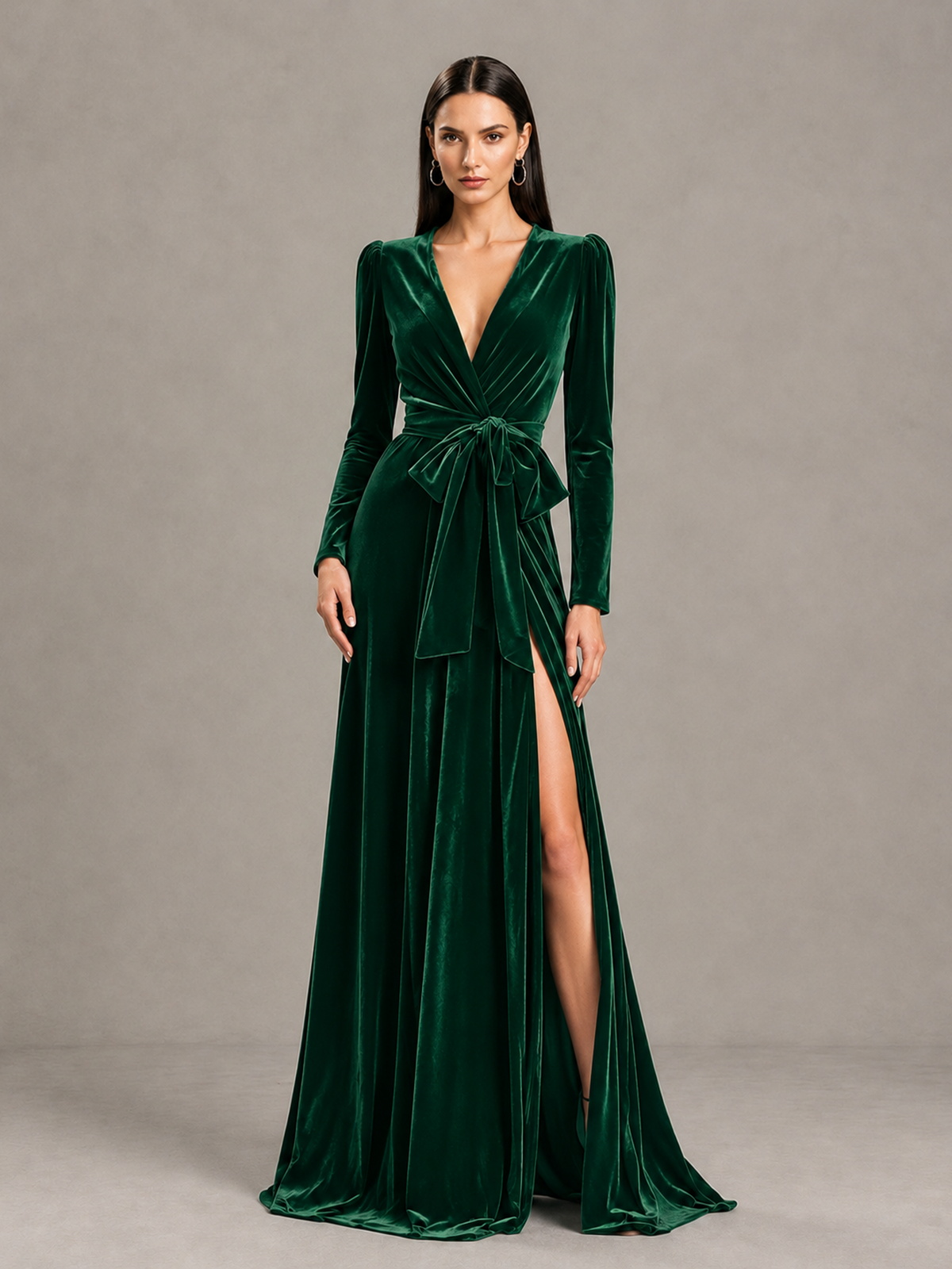 BOLODOO Dark Green Long Sleeve Velvet-Look Evening Dress with High Slit 