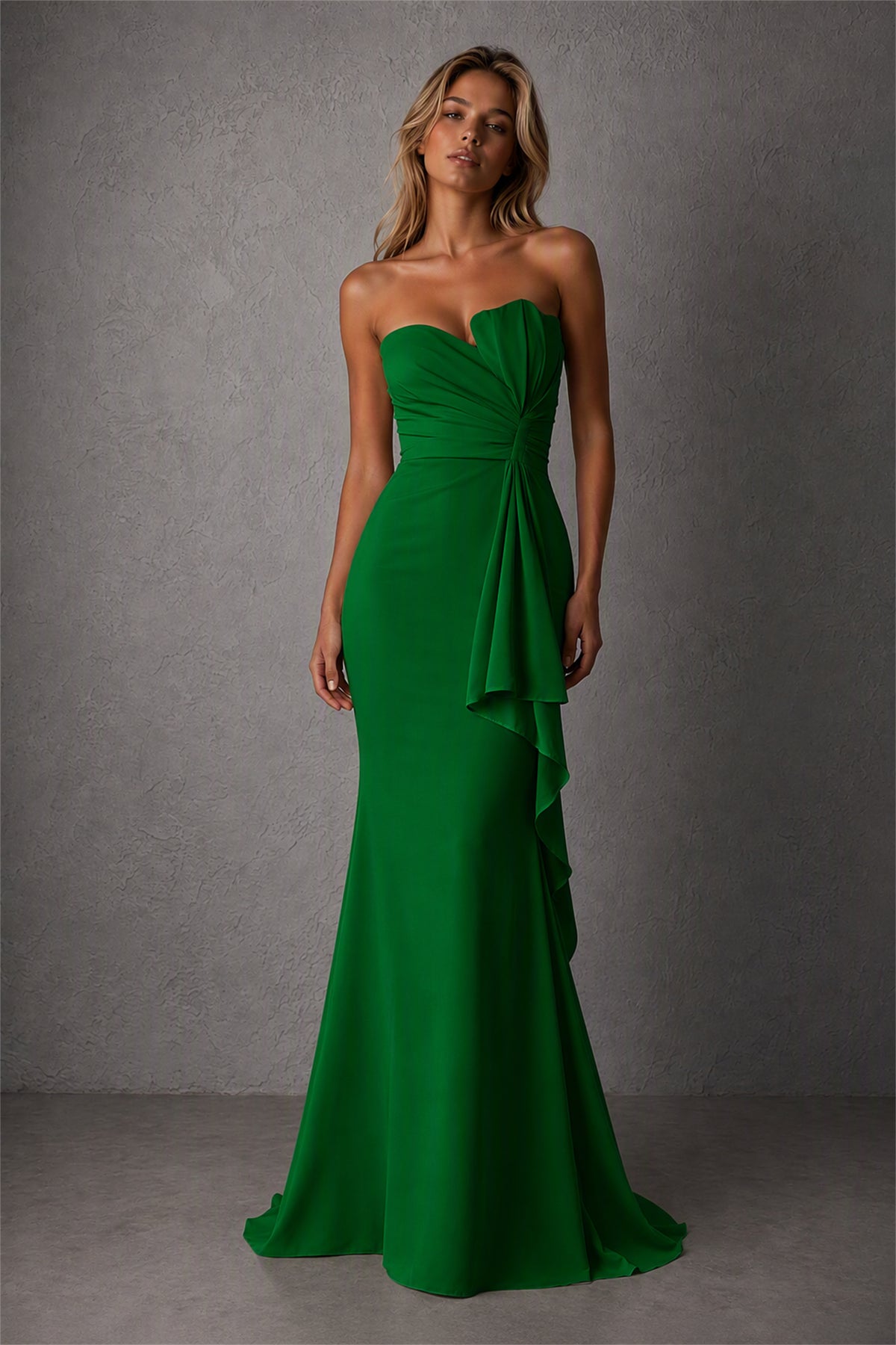 BOLODOO Emerald Green Strapless Sweetheart Ruched Mermaid Gown | Cascade Drape Formal Evening Dress - Emerald Green