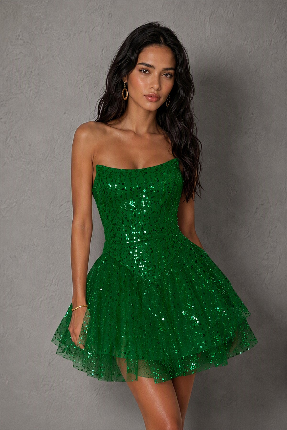 BOLODOO Emerald Green Sequin Strapless Corset Tiered Ruffle Mini Dress | BD0563 - Emerald Green