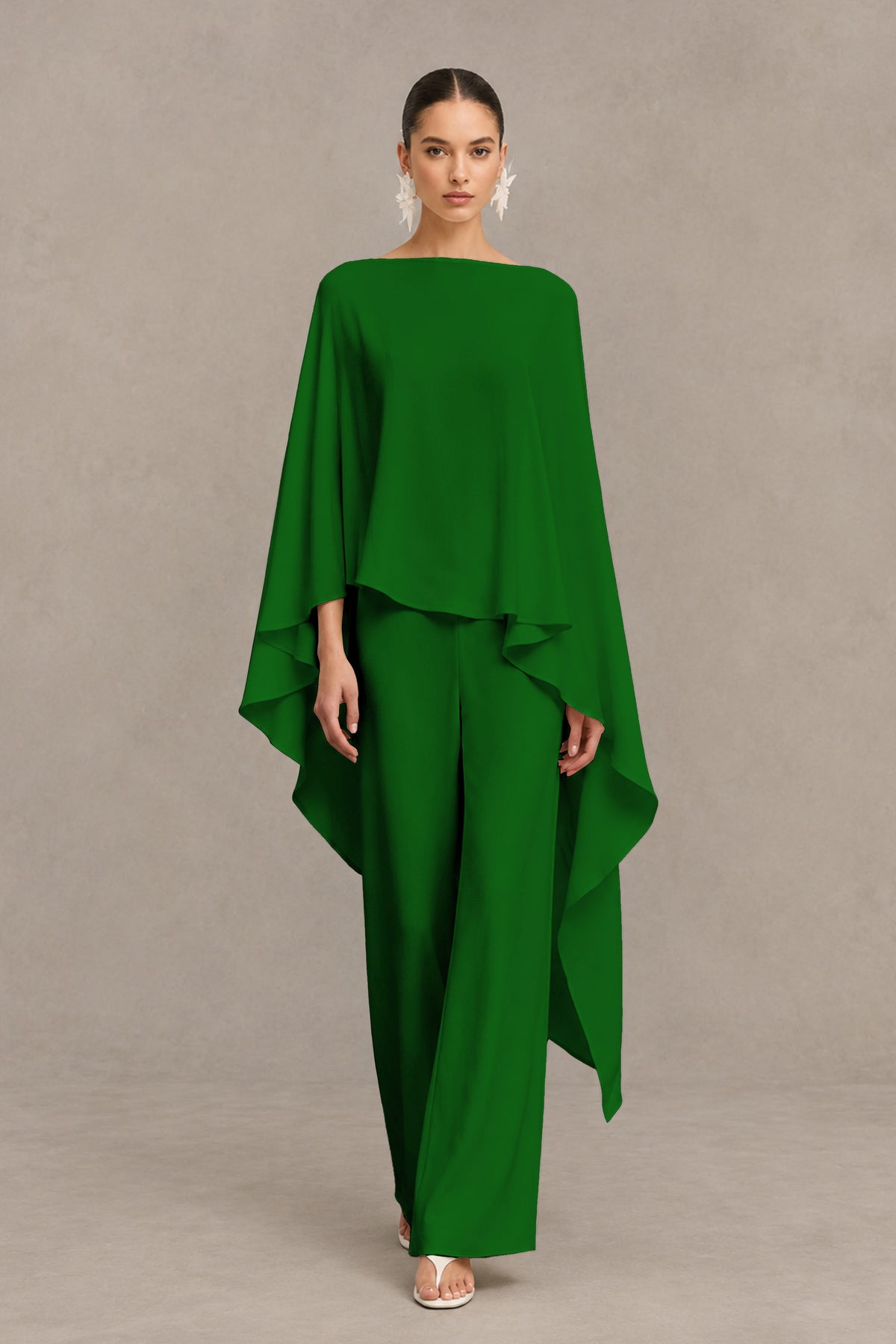 BOLODOO Emerald Green Cape Sleeve Wide-Leg Formal Pantsuit - Emerald Green - Emerald Green_01