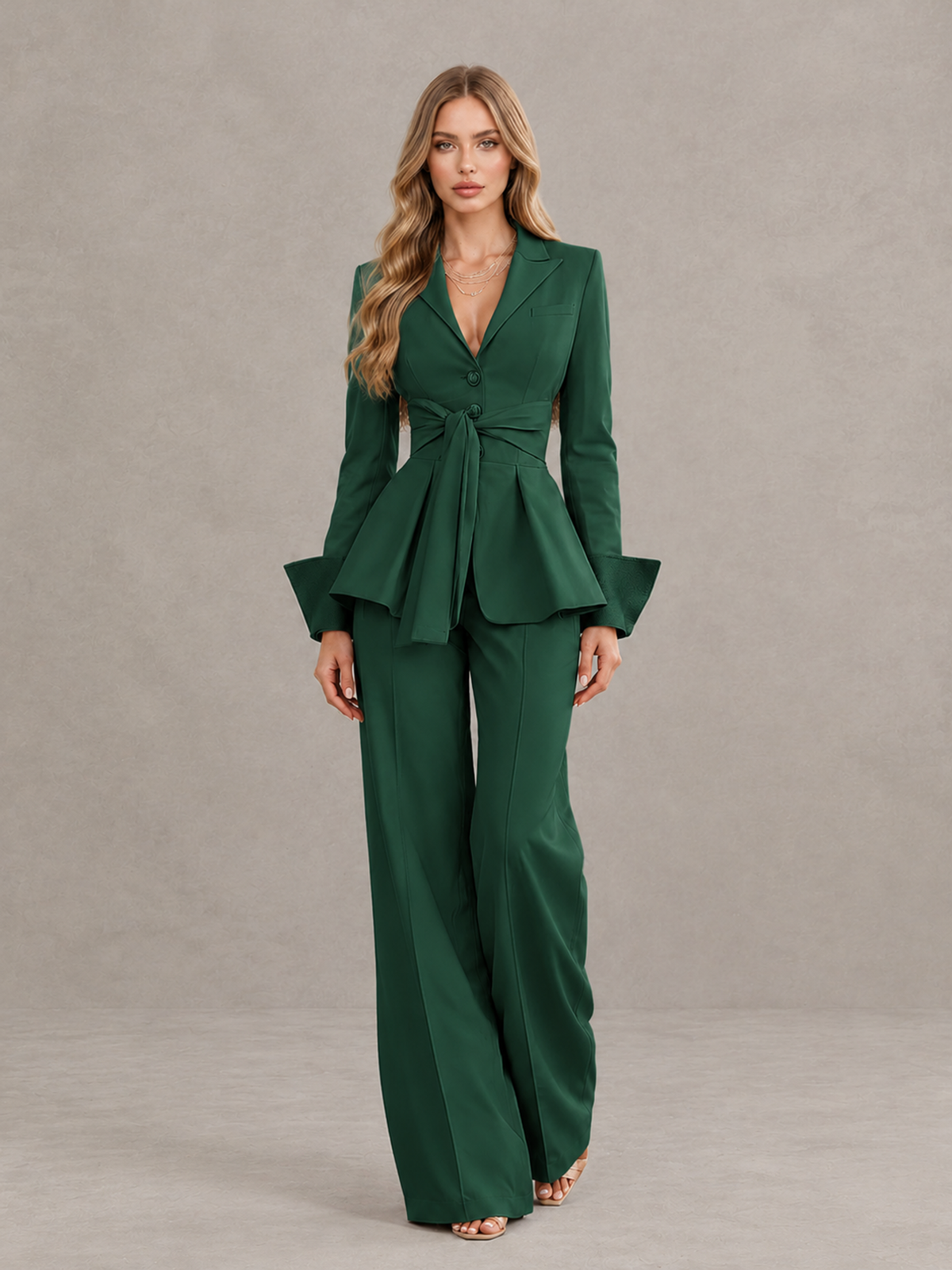 BOLODOO Emerald Green Belted Peplum Pantsuit with Long Sleeves & Wide-Leg Trousers - Emerald Green - Emerald Green_01