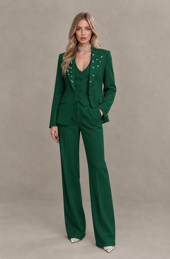 BOLODOO Emerald Green Women's Three-Piece Pantsuit with Blazer & Vest - Emerald Green - Emerald Green_01