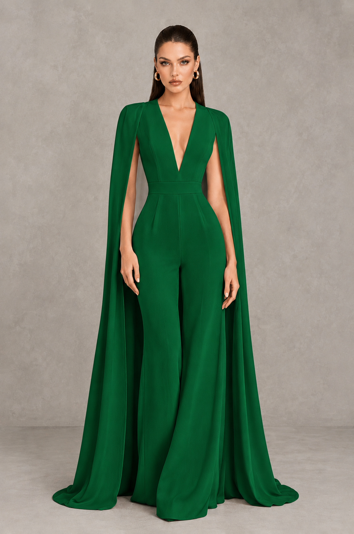 BOLODOO Emerald Green Deep V-Neck Cape Sleeve Bridal Jumpsuit - Emerald Green - Emerald Green_01