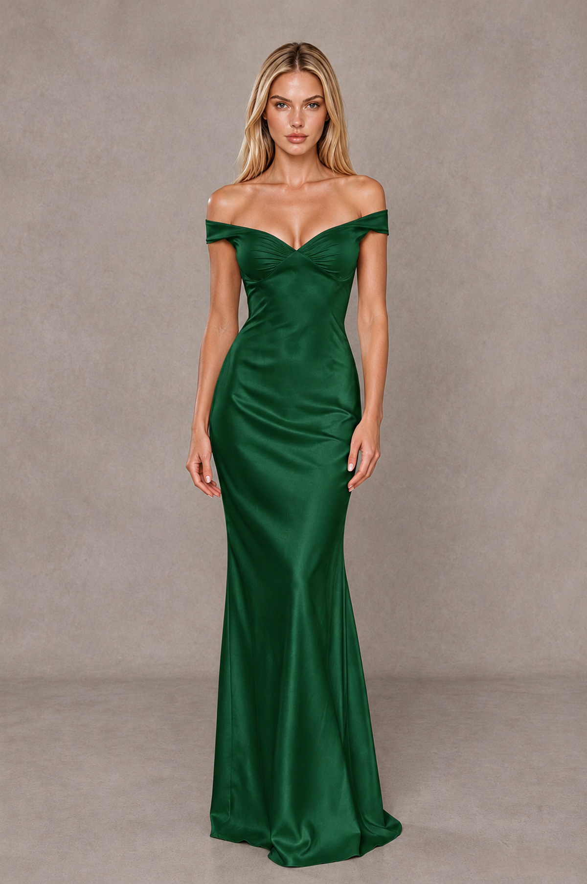 BOLODOO Emerald Green Off-Shoulder Open-Back Satin Evening Gown - Emerald Green - Emerald Green_01