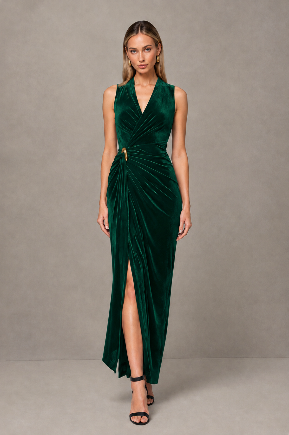 BOLODOO Emerald Green Velvet-Look Sleeveless V-Neck Ruched Slit Maxi Dress - Emerald Green - Emerald Green_01