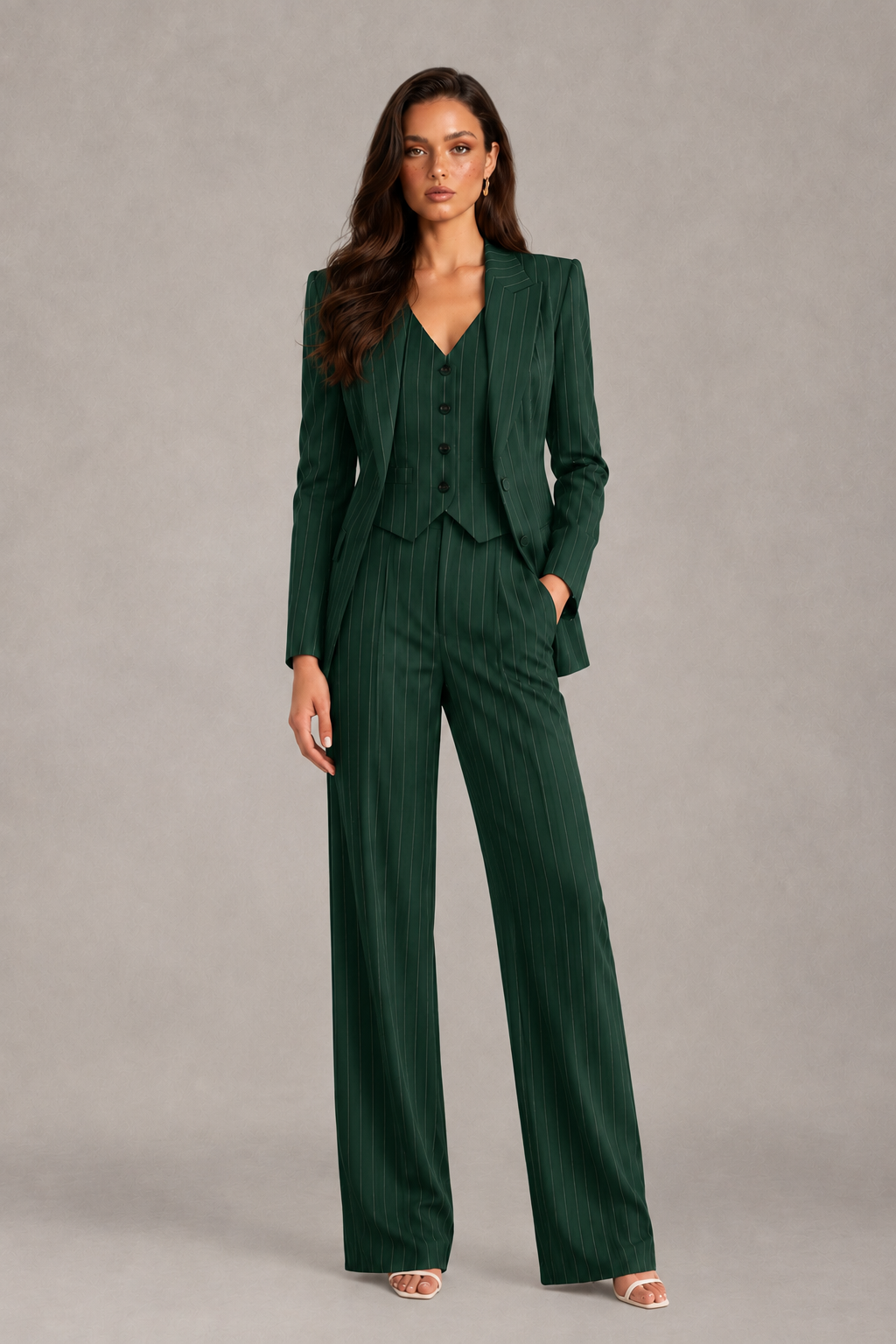 BOLODOO Women's Emerald Green Pinstripe Three-Piece Pantsuit with Wide-Leg Trousers - Emerald Green - Emerald Green_01