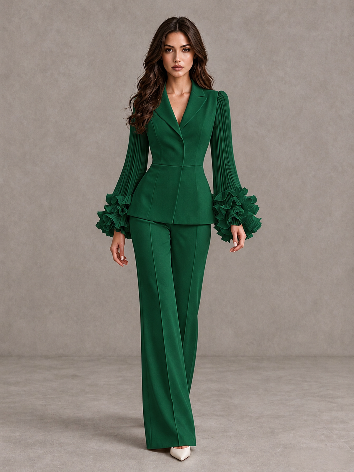 BOLODOO Emerald Green Mother of the Bride Pant Suit – Pleated Long Sleeve Ruffle Cuff Wide Leg Trouser Suit - Emerald Green - Emerald Green_01