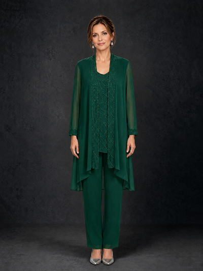 BOLODOO Emerald Green 3-Piece Beaded Chiffon Duster Jacket Pant Suit - Emerald Green - Emerald Green_01