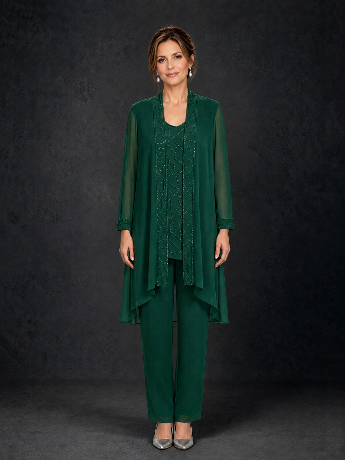 BOLODOO Emerald Green 3-Piece Beaded Chiffon Duster Jacket Pant Suit - Emerald Green - Emerald Green_01