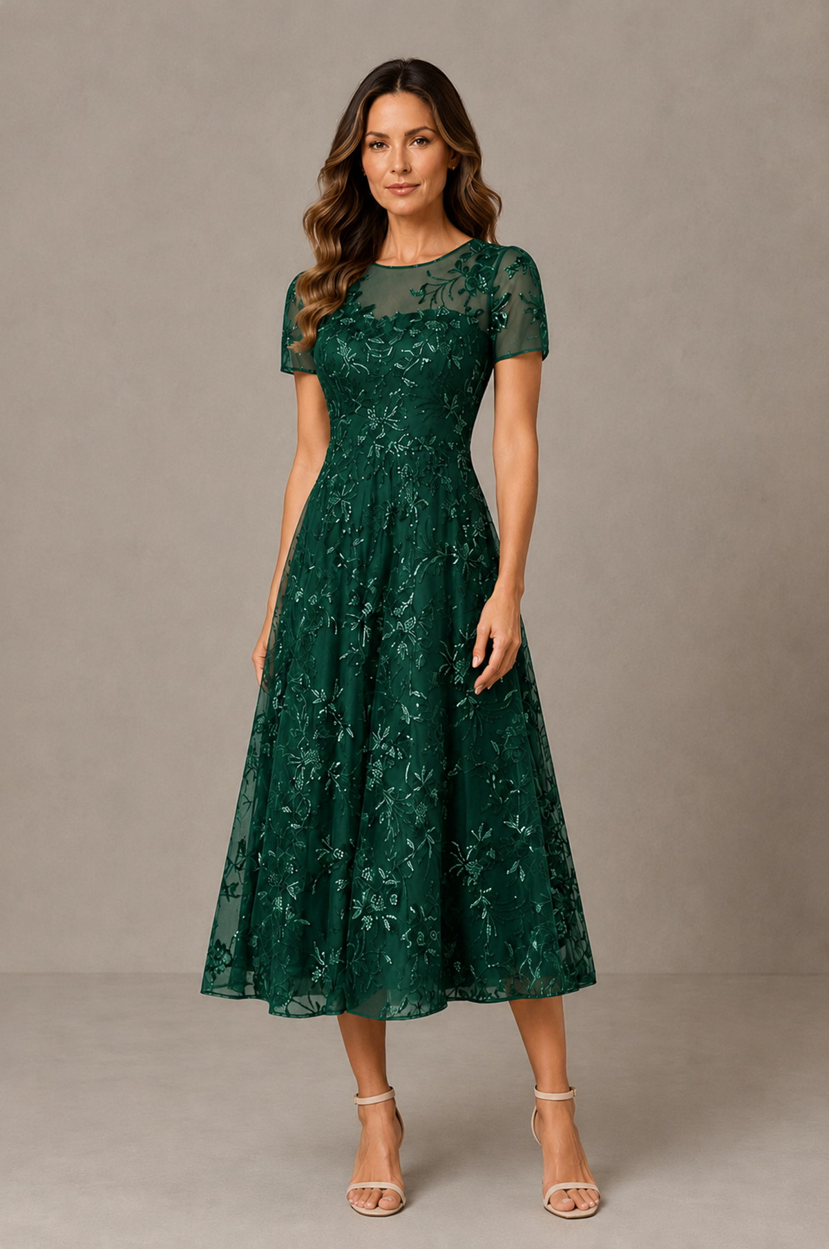 BOLODOO Emerald Green Textured Floral A-Line Dress with Short Sleeves - Emerald Green - Emerald Green_01