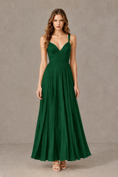 BOLODOO Emerald Green V-Neck Pleated Open-Back Maxi Dress - Emerald Green - Emerald Green_01