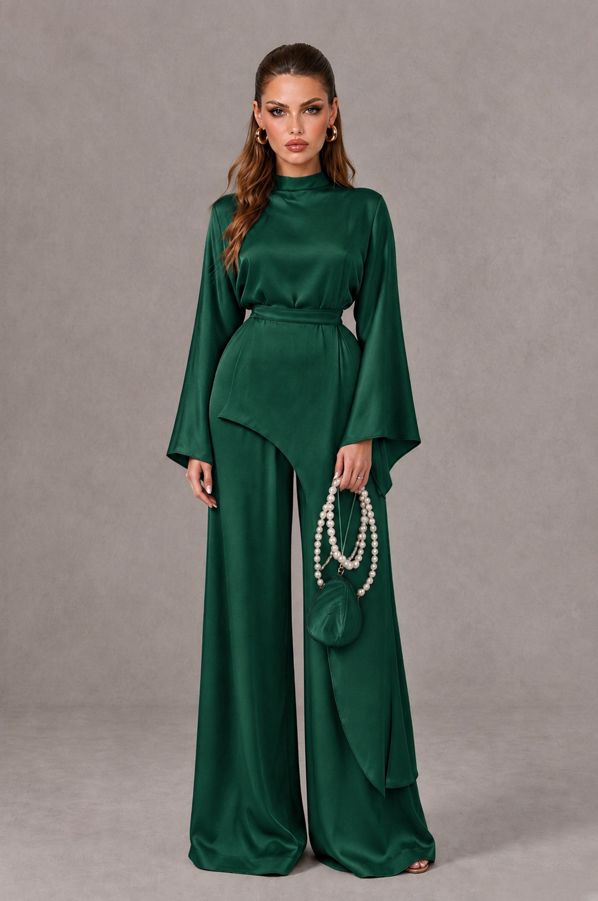 BOLODOO Emerald Green Satin-Look Long Sleeve Wide-Leg Jumpsuit - Emerald Green - Emerald Green_01