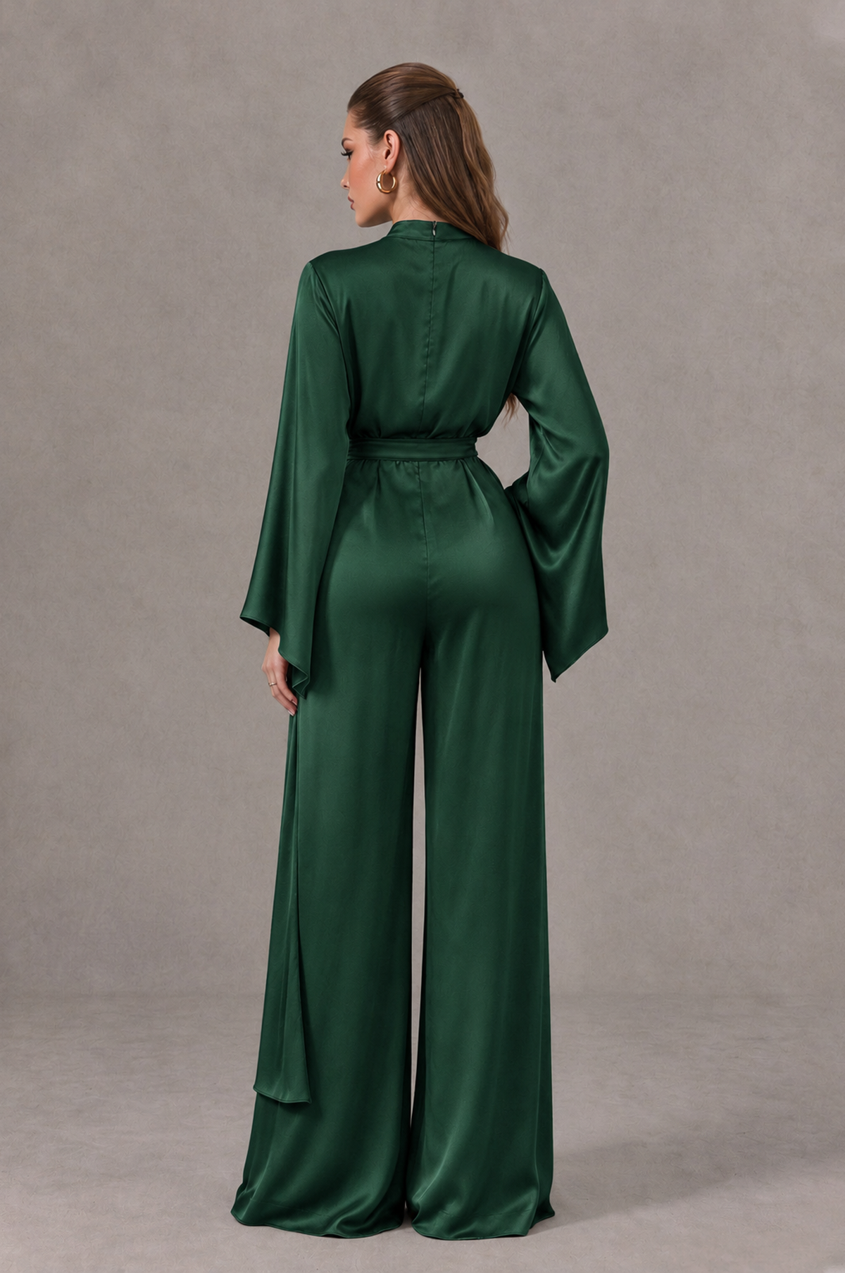 BOLODOO Emerald Green Satin-Look Long Sleeve Wide-Leg Jumpsuit - Emerald Green - Emerald Green_02