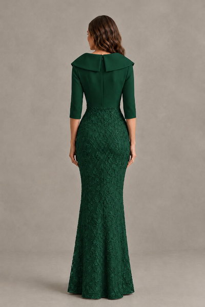 BOLODOO Emerald Green Three-Quarter Sleeve Mermaid Evening Dress with Floral Detail - Emerald Green - Emerald Green_02