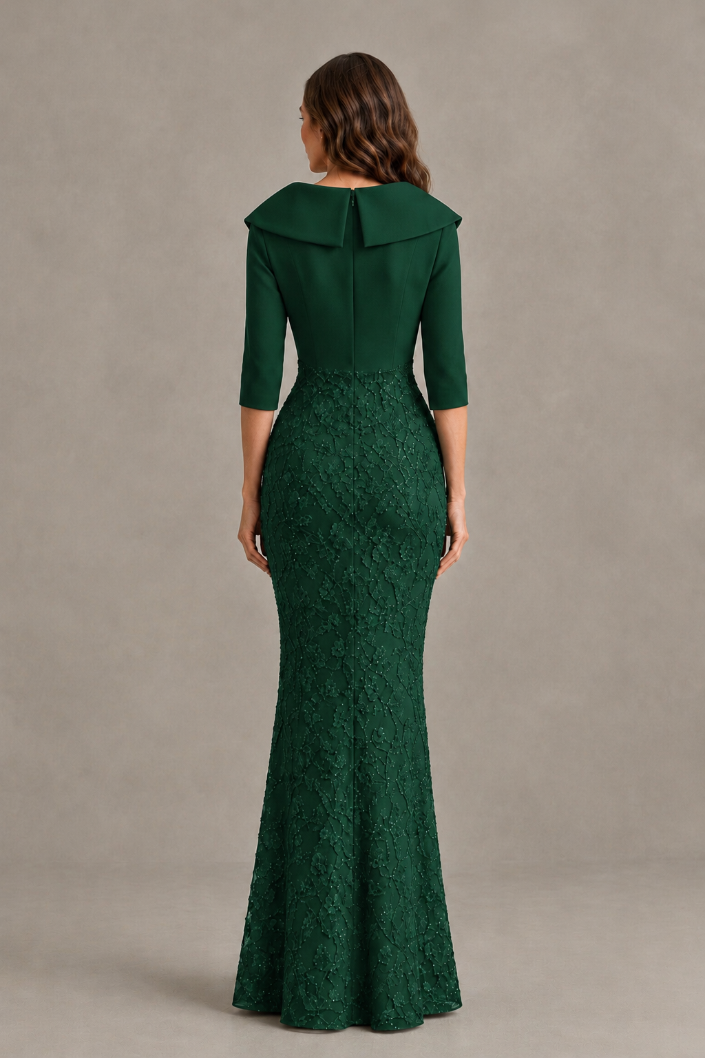 BOLODOO Emerald Green Three-Quarter Sleeve Mermaid Evening Dress with Floral Detail - Emerald Green - Emerald Green_02
