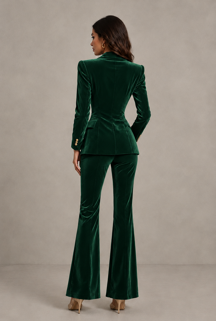 BOLODOO Emerald Green Velvet Double-Breasted Blazer & Pants Two-Piece Suit - Emerald Green - Emerald Green_02