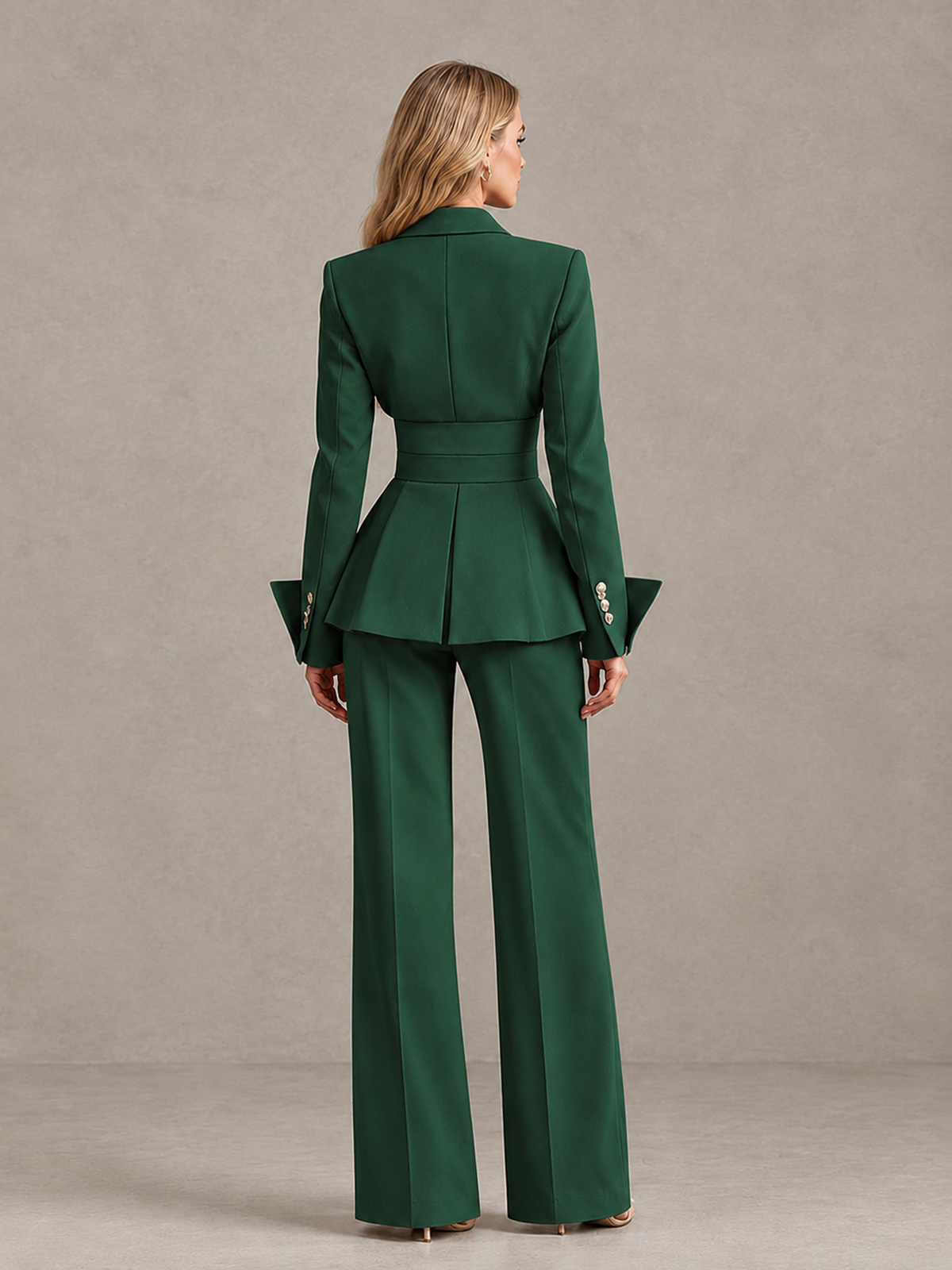 BOLODOO Emerald Green Belted Peplum Pantsuit with Long Sleeves & Wide-Leg Trousers - Emerald Green - Emerald Green_02