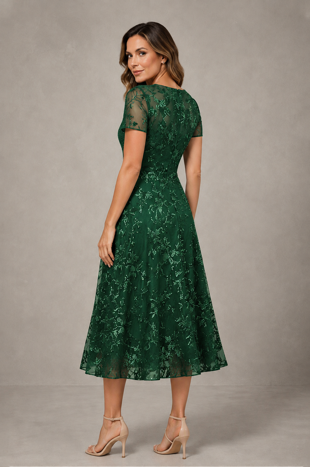BOLODOO Emerald Green Textured Floral A-Line Dress with Short Sleeves - Emerald Green - Emerald Green_02