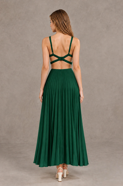 BOLODOO Emerald Green V-Neck Pleated Open-Back Maxi Dress - Emerald Green - Emerald Green_02