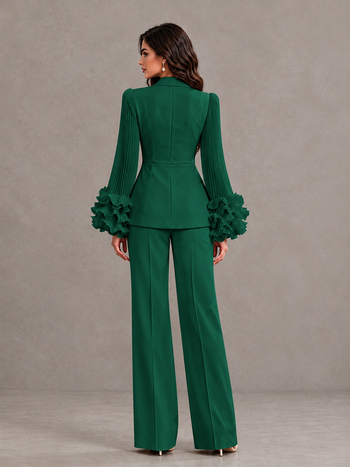 BOLODOO Emerald Green Mother of the Bride Pant Suit – Pleated Long Sleeve Ruffle Cuff Wide Leg Trouser Suit - Emerald Green - Emerald Green_02