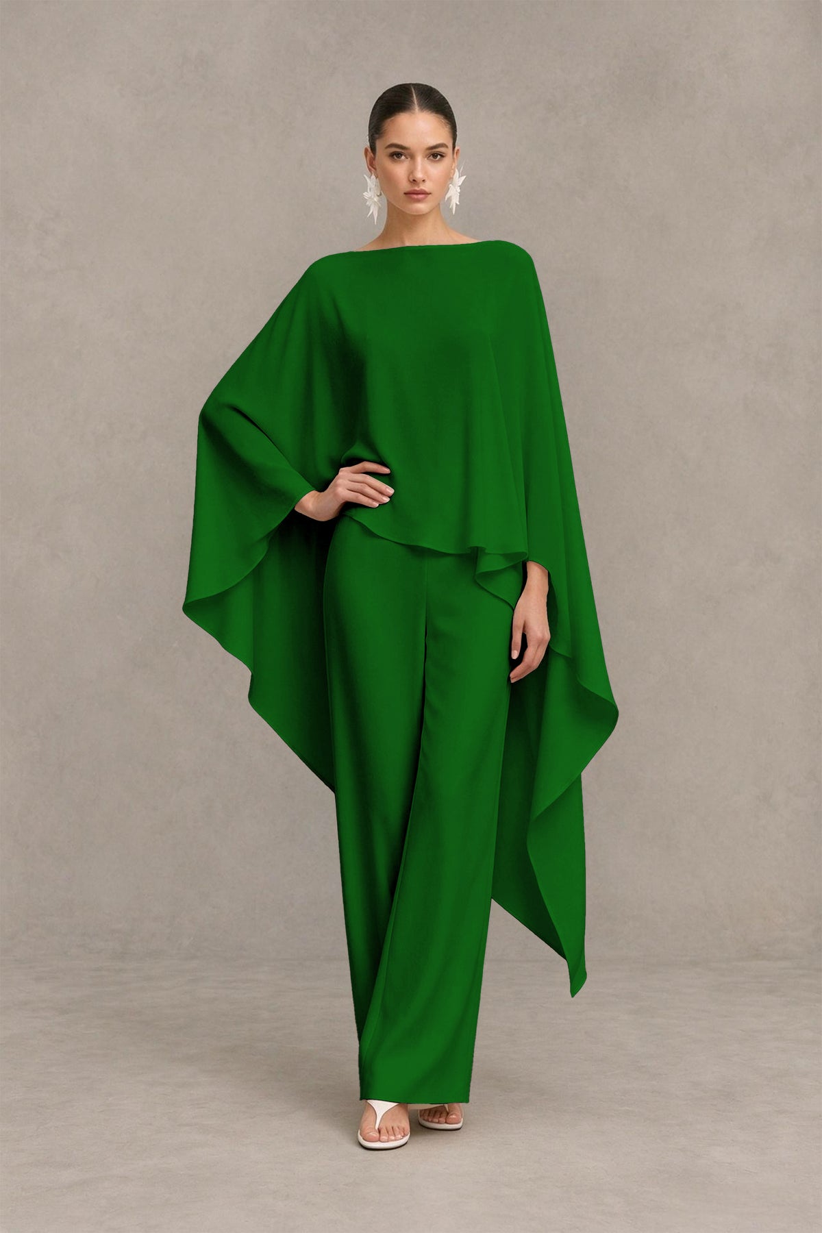 BOLODOO Emerald Green Cape Sleeve Wide-Leg Formal Pantsuit - Emerald Green - Emerald Green_03