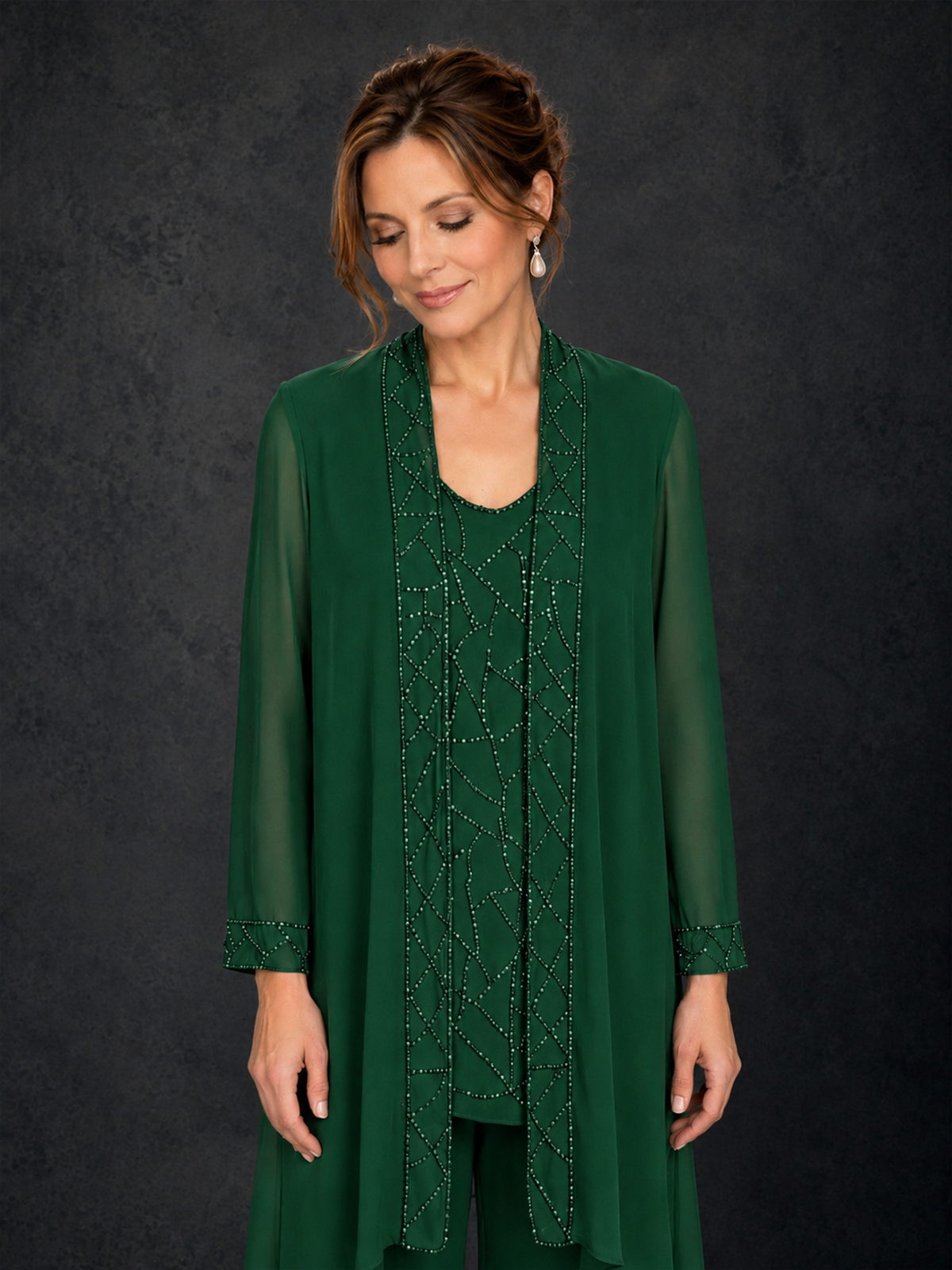 BOLODOO Emerald Green 3-Piece Beaded Chiffon Duster Jacket Pant Suit - Emerald Green - Emerald Green_03