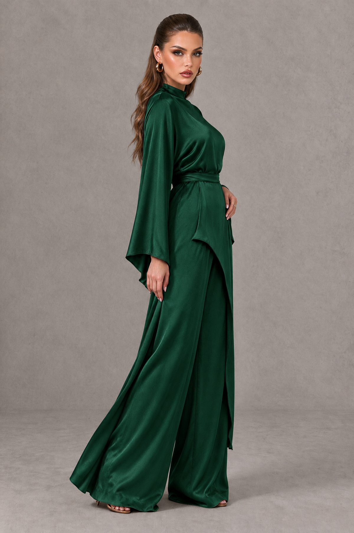 BOLODOO Emerald Green Satin-Look Long Sleeve Wide-Leg Jumpsuit - Emerald Green - Emerald Green_03
