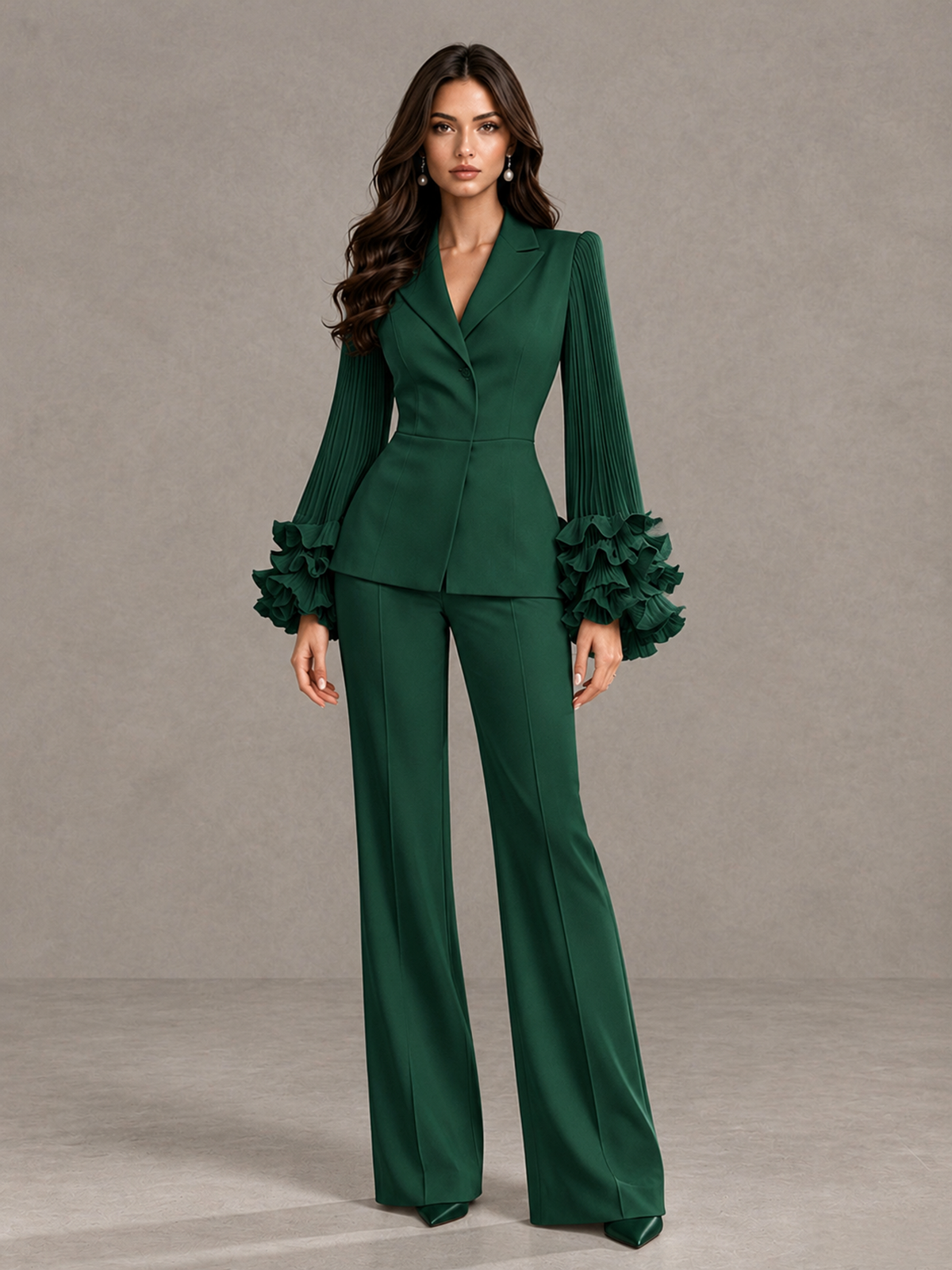 BOLODOO Emerald Green Mother of the Bride Pant Suit – Pleated Long Sleeve Ruffle Cuff Wide Leg Trouser Suit - Emerald Green - Emerald Green_03