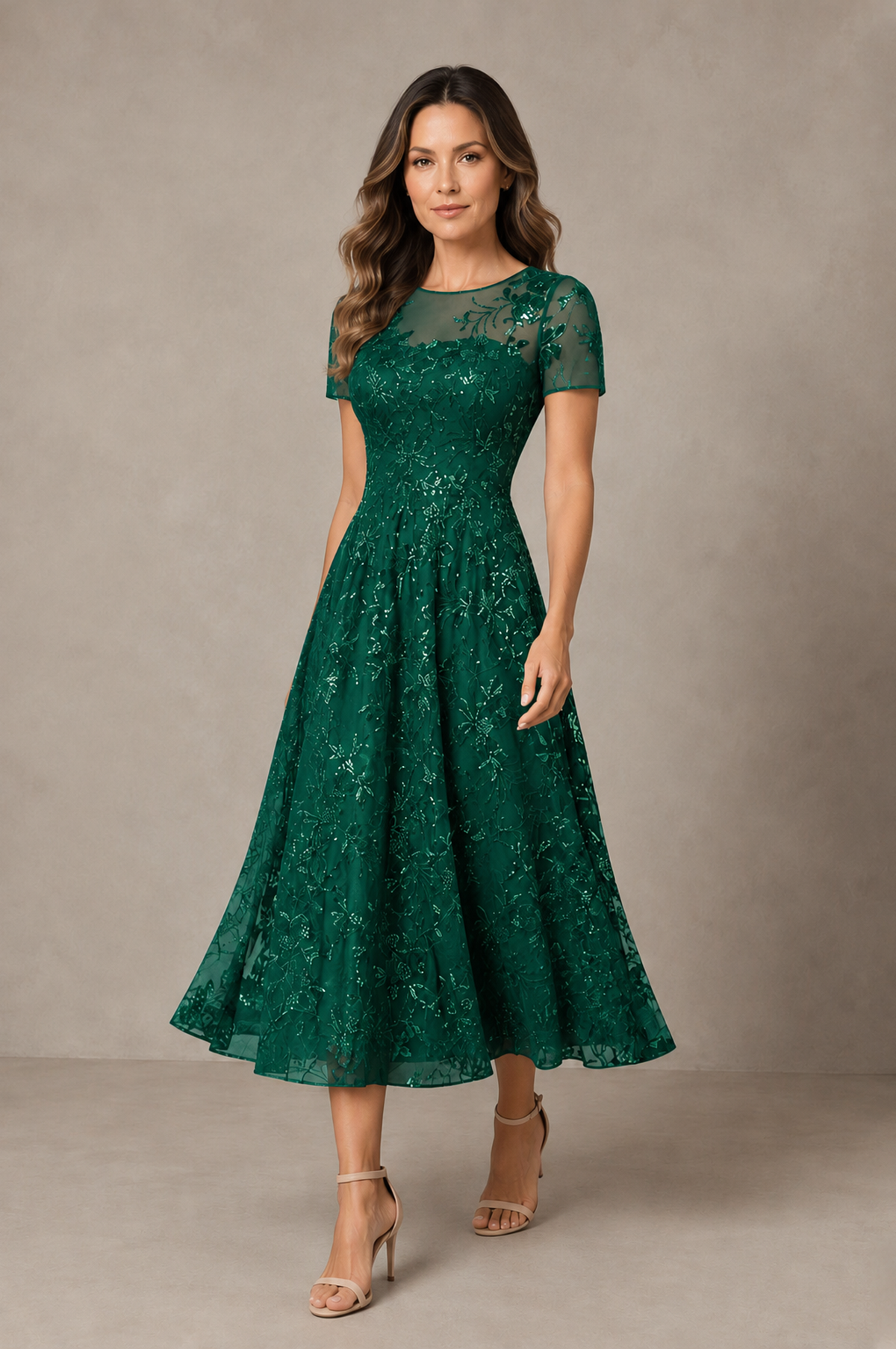 BOLODOO Emerald Green Textured Floral A-Line Dress with Short Sleeves - Emerald Green - Emerald Green_03