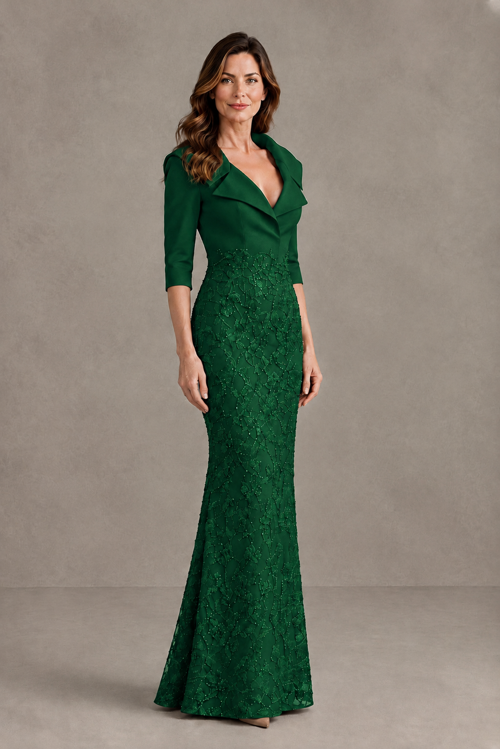 BOLODOO Emerald Green Three-Quarter Sleeve Mermaid Evening Dress with Floral Detail - Emerald Green - Emerald Green_03