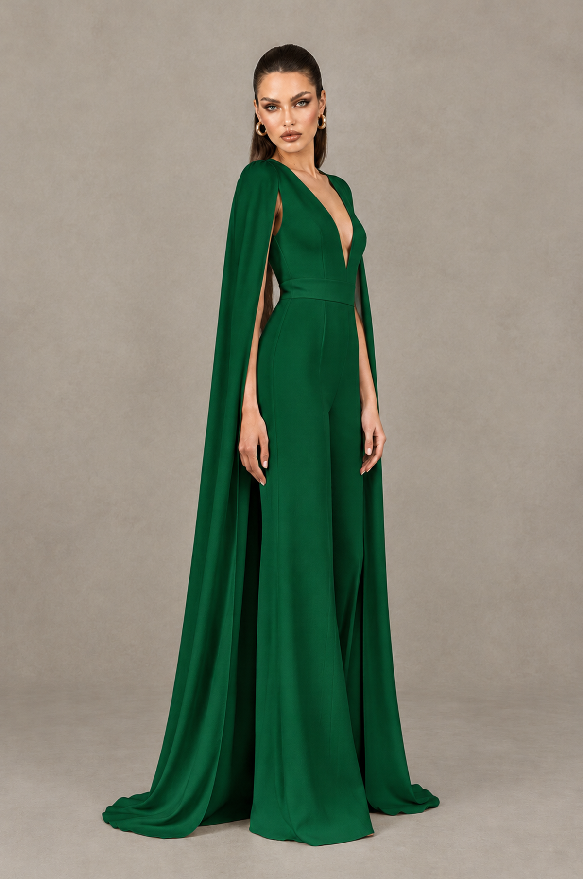 BOLODOO Emerald Green Deep V-Neck Cape Sleeve Bridal Jumpsuit - Emerald Green - Emerald Green_03