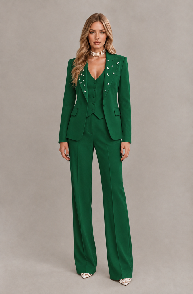 BOLODOO Emerald Green Women's Three-Piece Pantsuit with Blazer & Vest - Emerald Green - Emerald Green_03