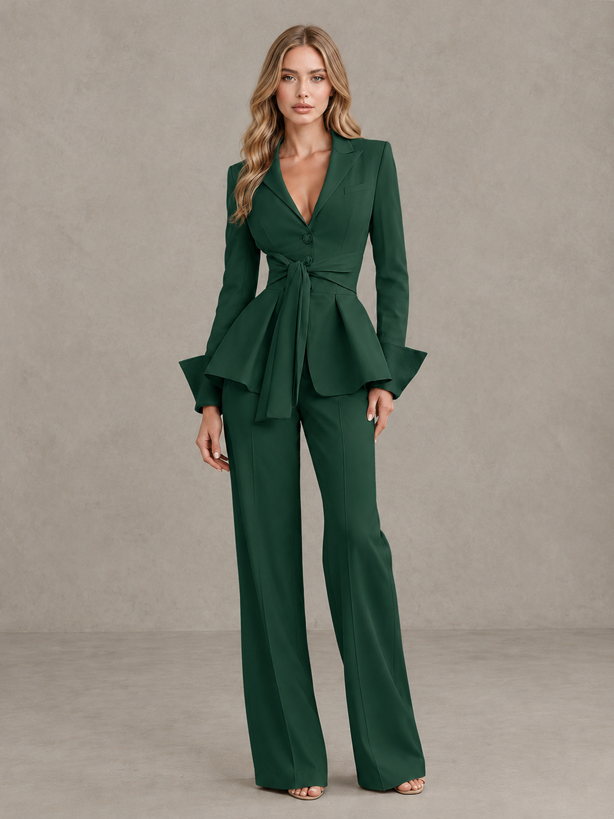 BOLODOO Emerald Green Belted Peplum Pantsuit with Long Sleeves & Wide-Leg Trousers - Emerald Green - Emerald Green_03