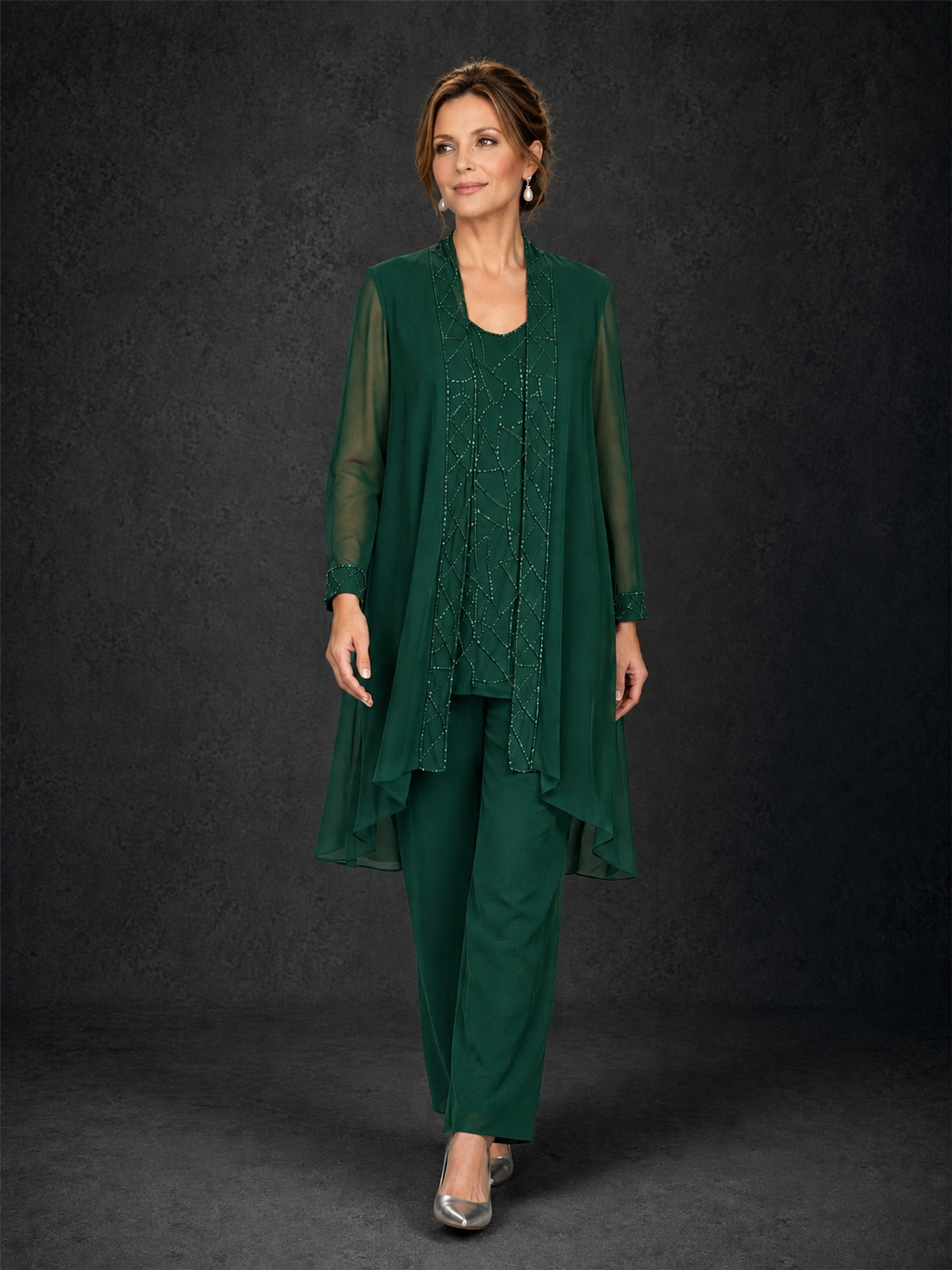 BOLODOO Emerald Green 3-Piece Beaded Chiffon Duster Jacket Pant Suit - Emerald Green - Emerald Green_04