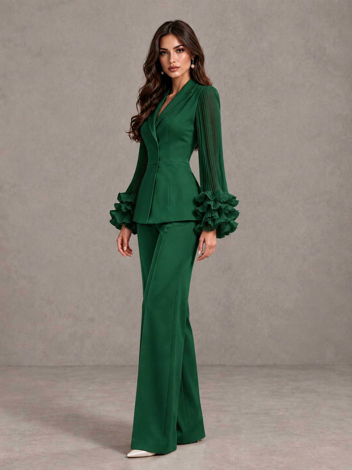 BOLODOO Emerald Green Mother of the Bride Pant Suit – Pleated Long Sleeve Ruffle Cuff Wide Leg Trouser Suit - Emerald Green - Emerald Green_04
