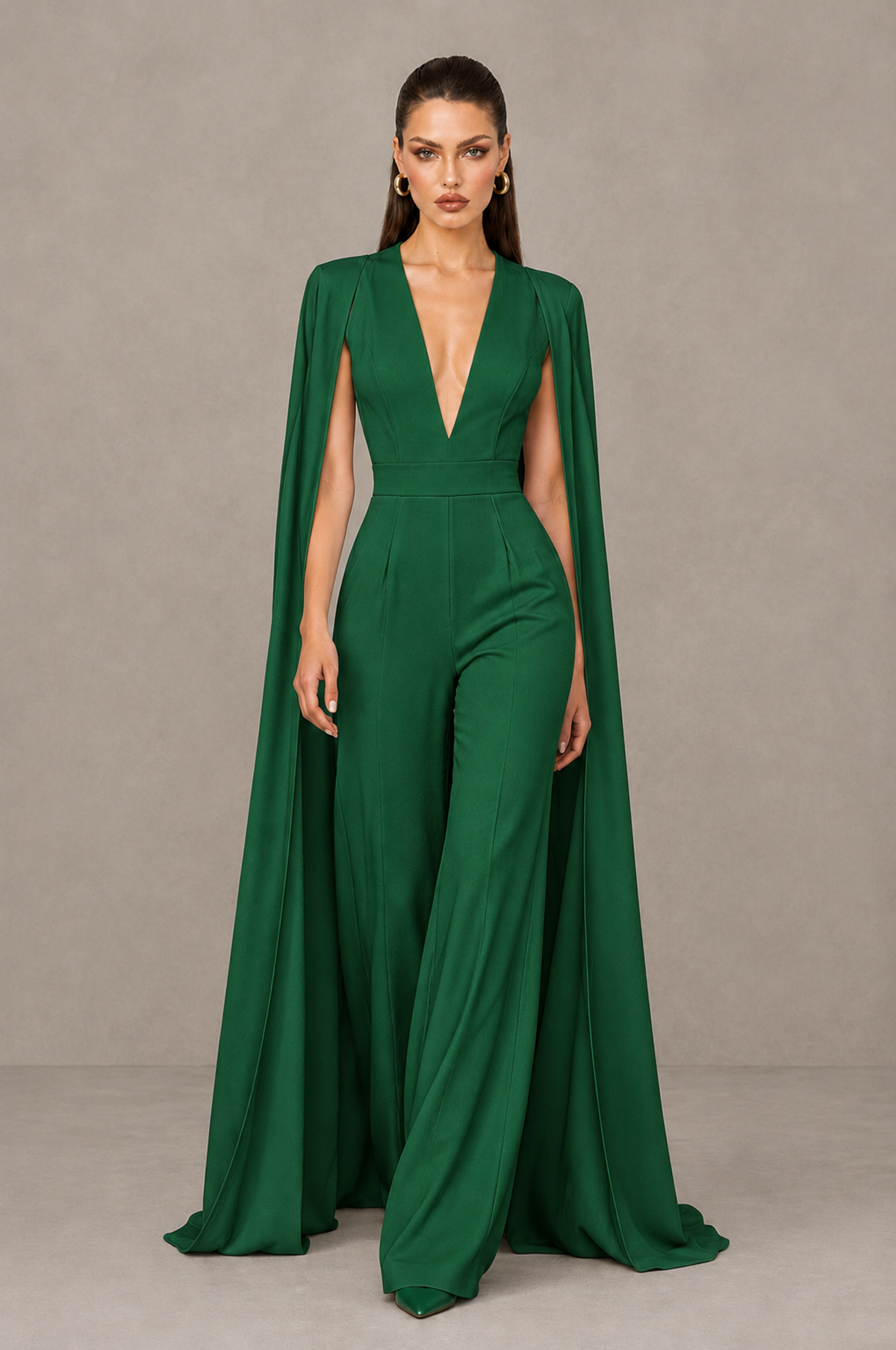 BOLODOO Emerald Green Deep V-Neck Cape Sleeve Bridal Jumpsuit - Emerald Green - Emerald Green_04