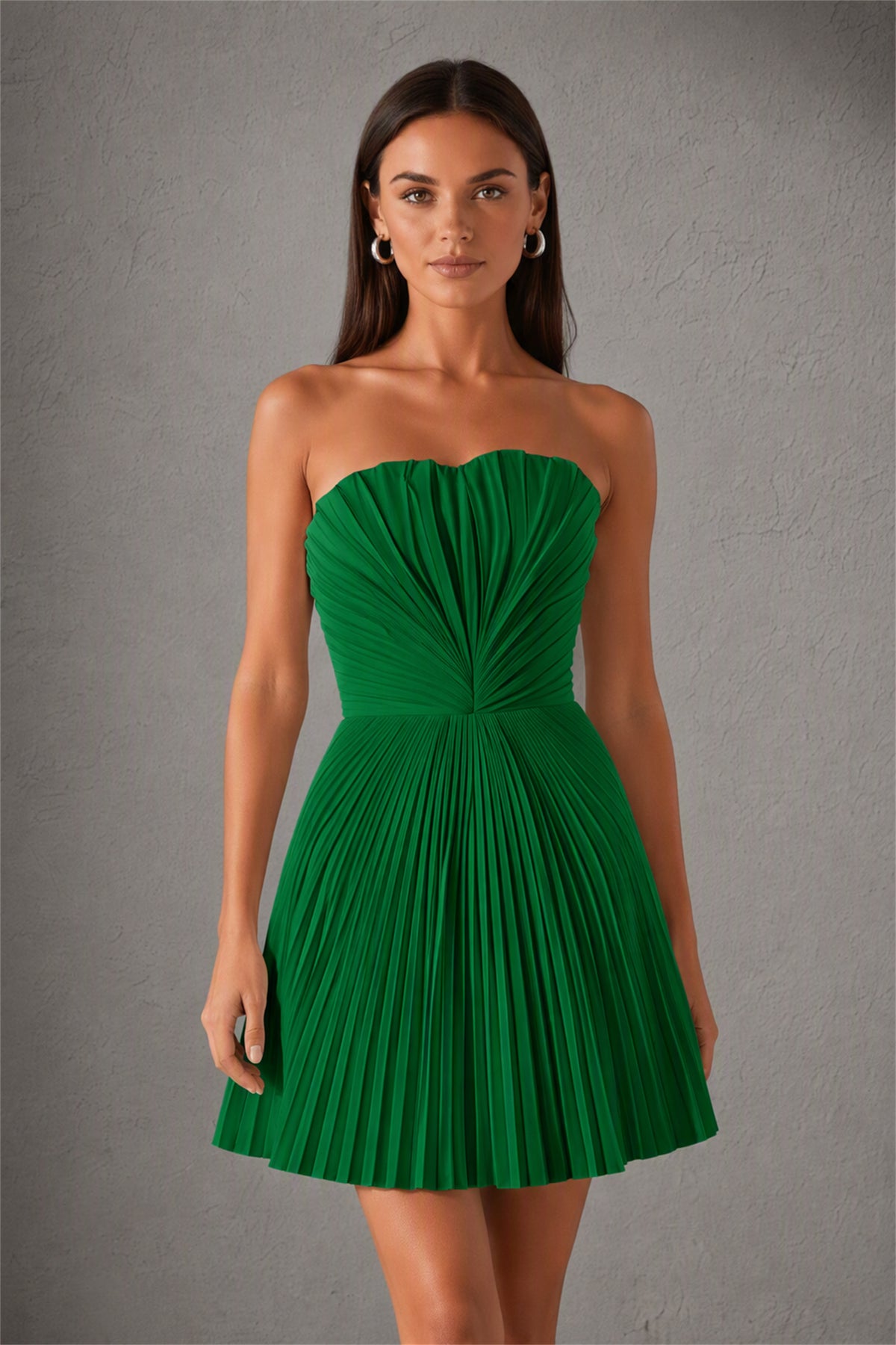 BOLODOO Emerald Green Strapless Sweetheart Pleated Corset Mini Dress with Lace-Up Back - Emerald Green